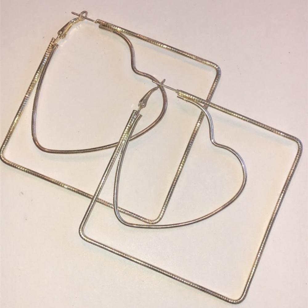 Gold Tone Heart and Square Retro Boho Hoop Earrings